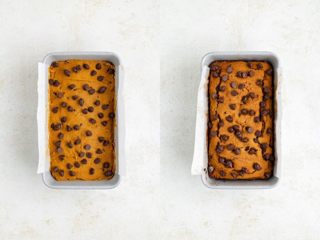 Collage showing raw bread batter in a loaf pan and the baked bread.