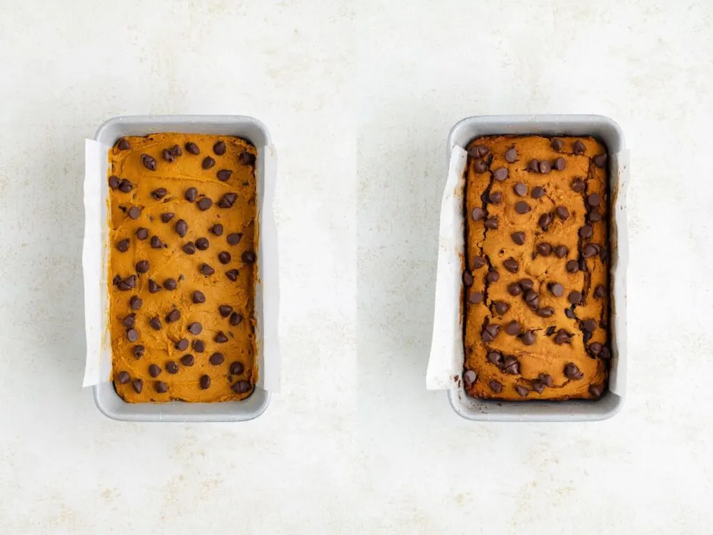 Collage showing raw bread batter in a loaf pan and the baked bread.