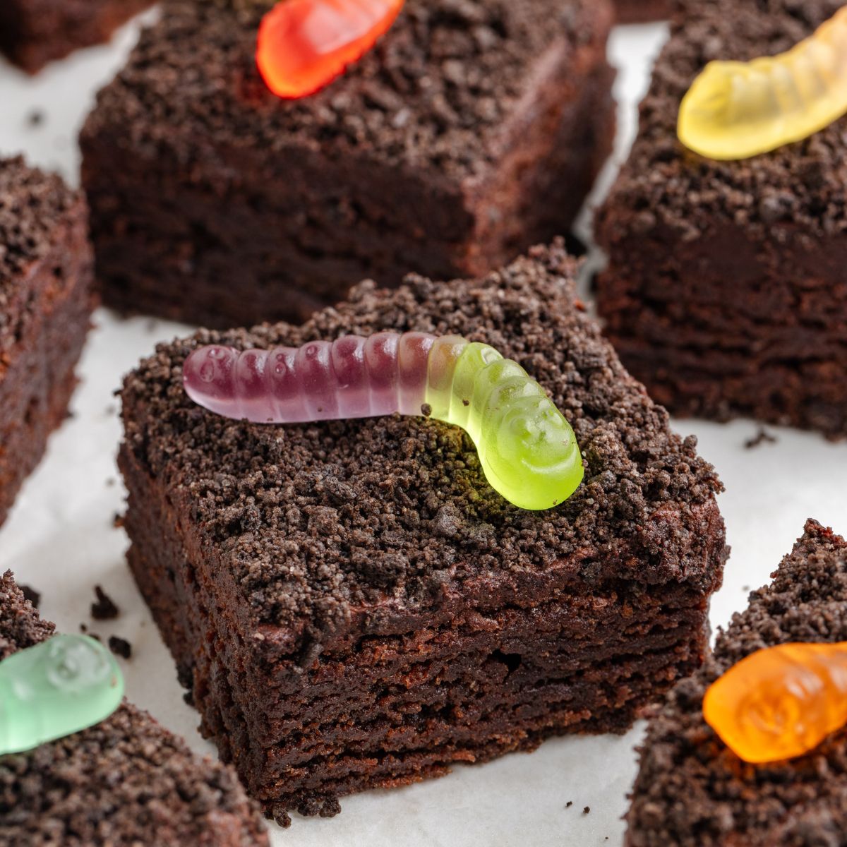 Dirt and worm chocolate brownies for Halloween.