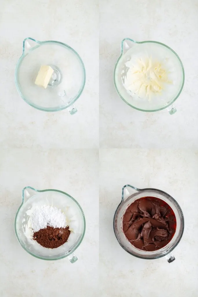 Collage showing four steps to make chocolate frosting.