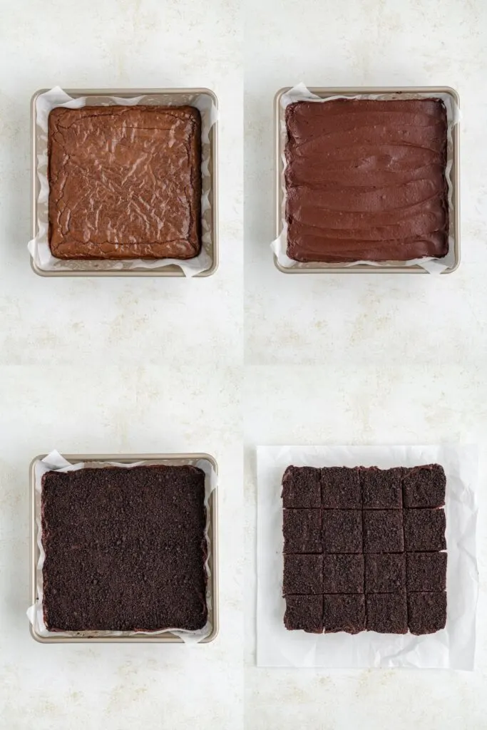 Four steps to frost and decorate the brownies.