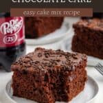 Slice of chocolate cake with frosting and sprinkles on plate, Dr Pepper bottle and cake slices in background.