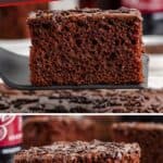 A slice of Dr Pepper Cake with chocolate icing and sprinkles sits on a spatula and plate.