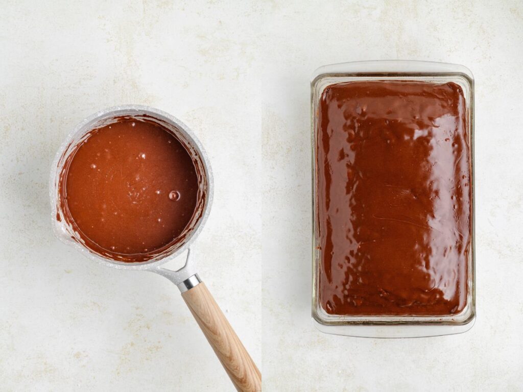 Collage showing finished frosting in a saucepan and the cake with the frosting poured over it.