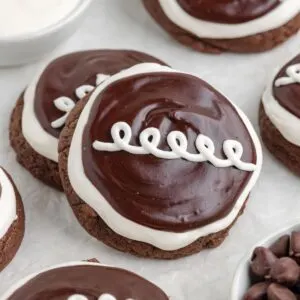 Cake Mix Hostess Cupcake Cookies with marshmallow frosting and chocolate ganache.