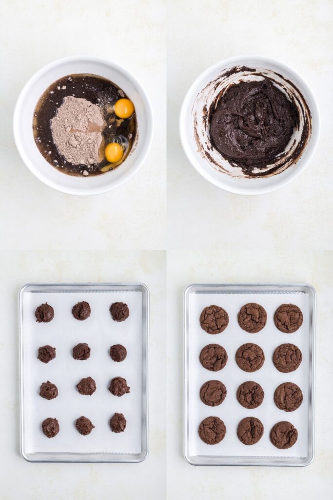 Collage showing cookie dough being mixed in a bowl, cookie dough balls on a cookie sheet and baked cookies on a cookie sheet.