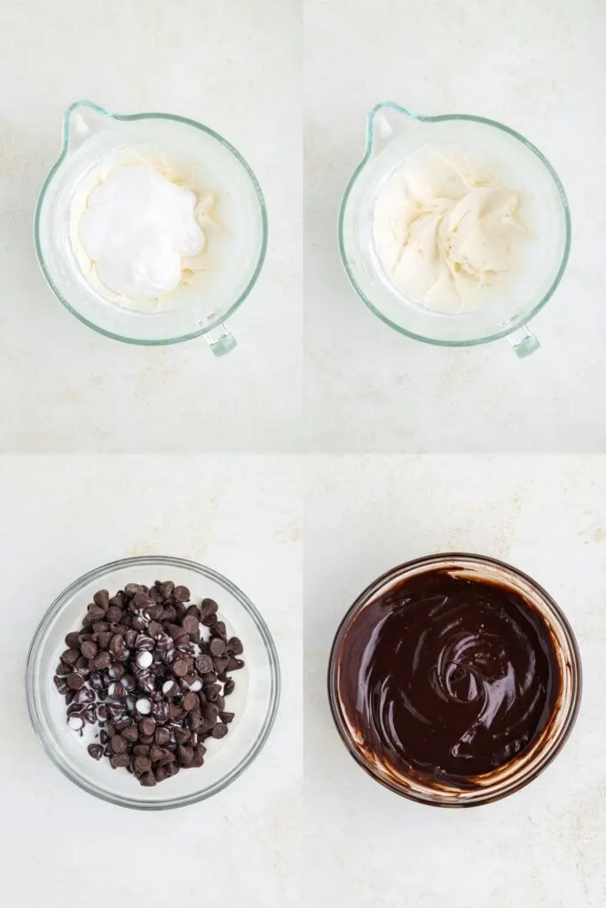 Collage showing two steps to make marshmallow frosting and two steps to make chocolate ganache.