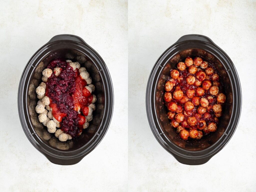 Collage showing the meatballs and sauce ingredients in the slow cooker.