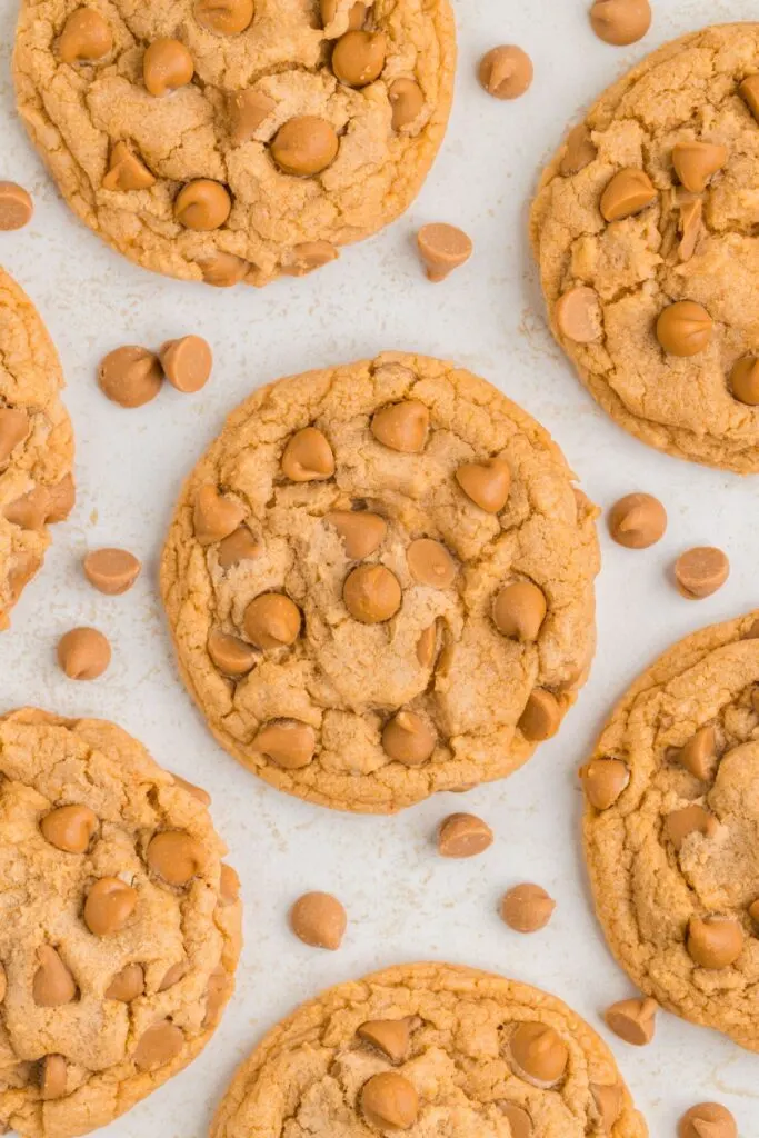 Butterscotch pudding cake mix cookies arranged on the counter.