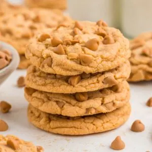 Cake mix butterscotch pudding cookies stacked.