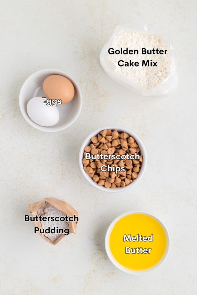 Ingredients such as cake mix, butterscotch pudding mix, melted butter, eggs, and butterscotch chips displayed on the counter.