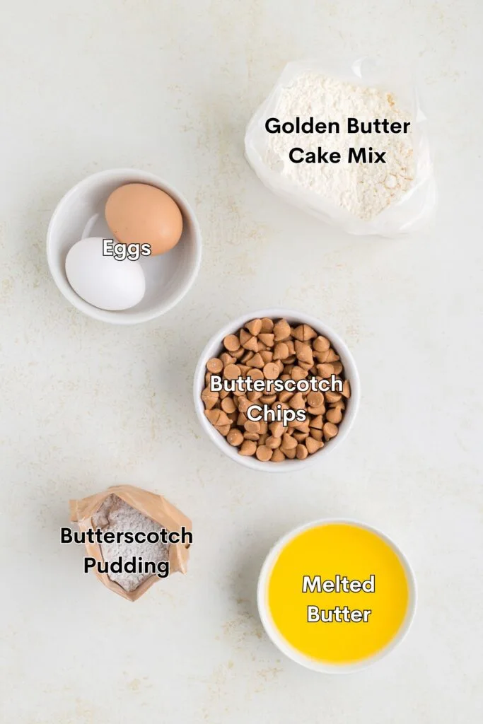 Ingredients such as cake mix, butterscotch pudding mix, melted butter, eggs, and butterscotch chips displayed on the counter.