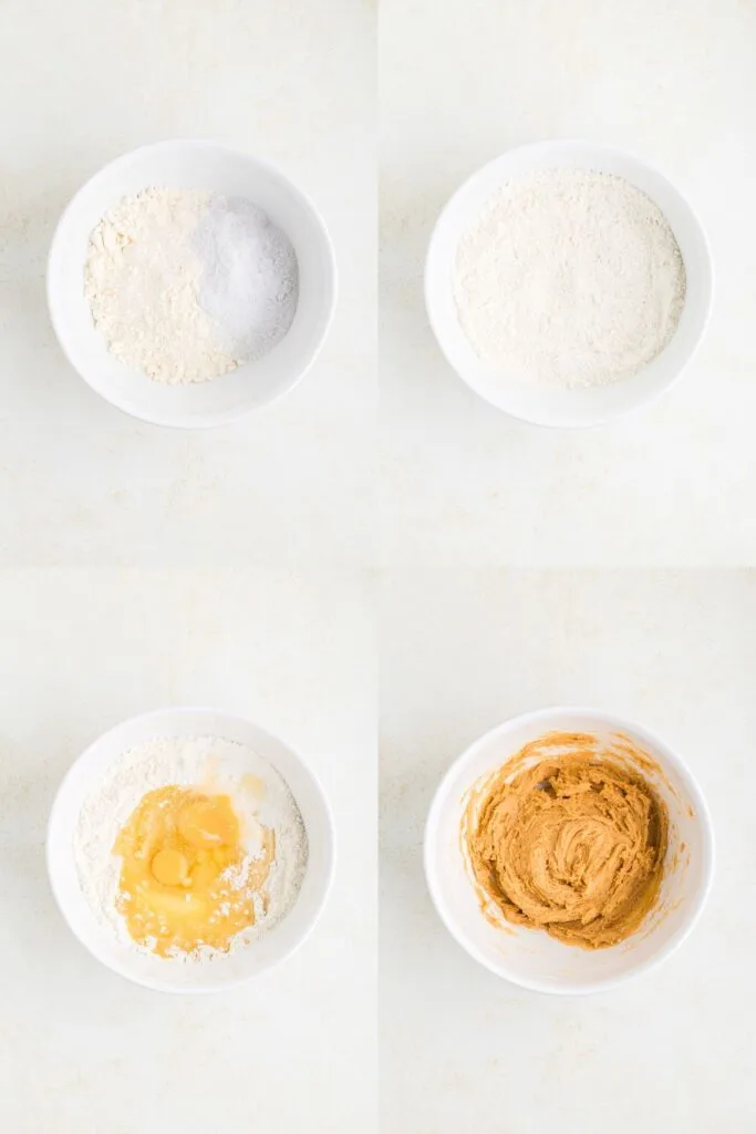 Collage showing four steps to make the cookie dough.