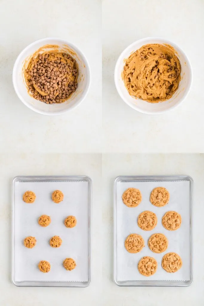 Collage showing two steps to mix the butterscotch chips into the dough and two steps to scoop and bake the cookies.