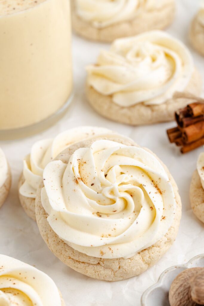 Cake mix eggnog cookies with eggnog buttercream.