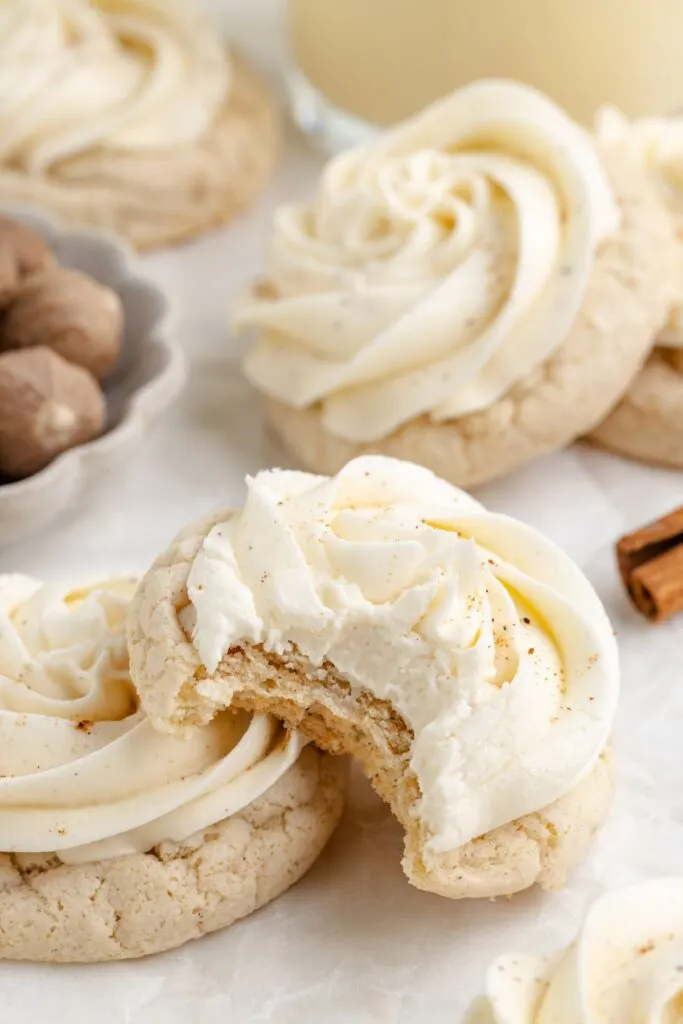 Frosted eggnog cookies made from cake mix.