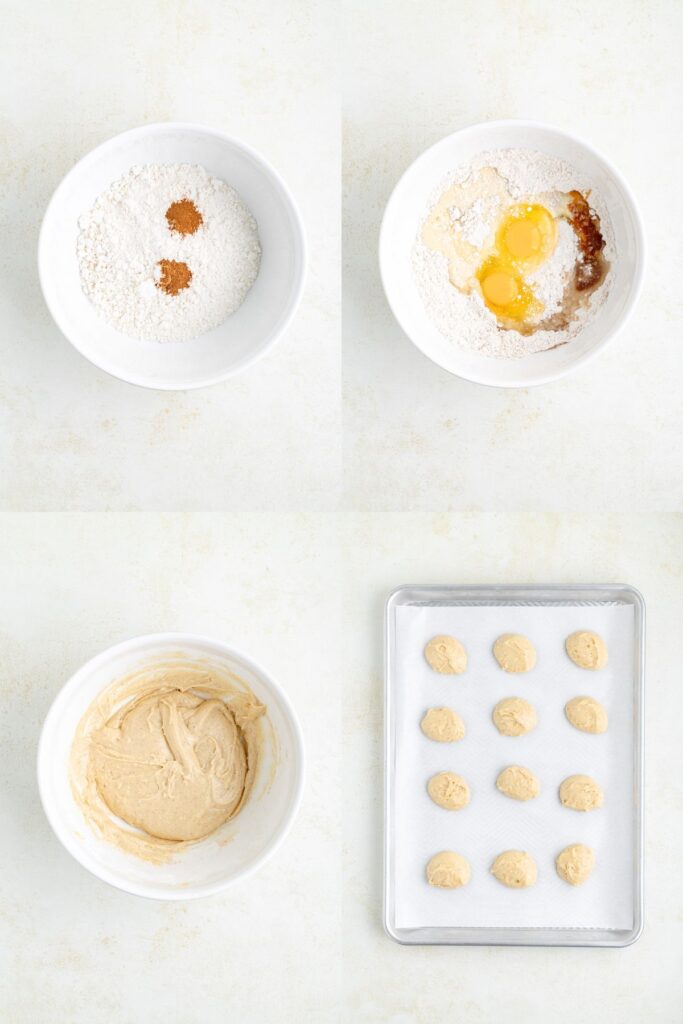 Collage showing four steps to make the eggnog cookie dough.