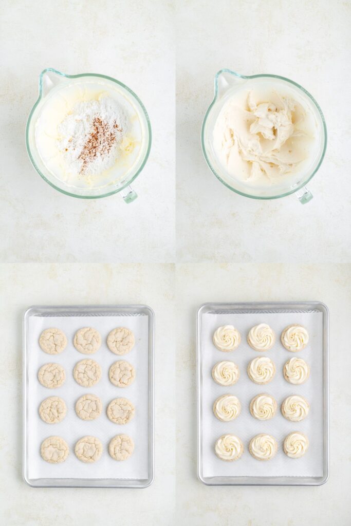 Collage showing two steps to make the buttercream and two steps to frost the cookies.