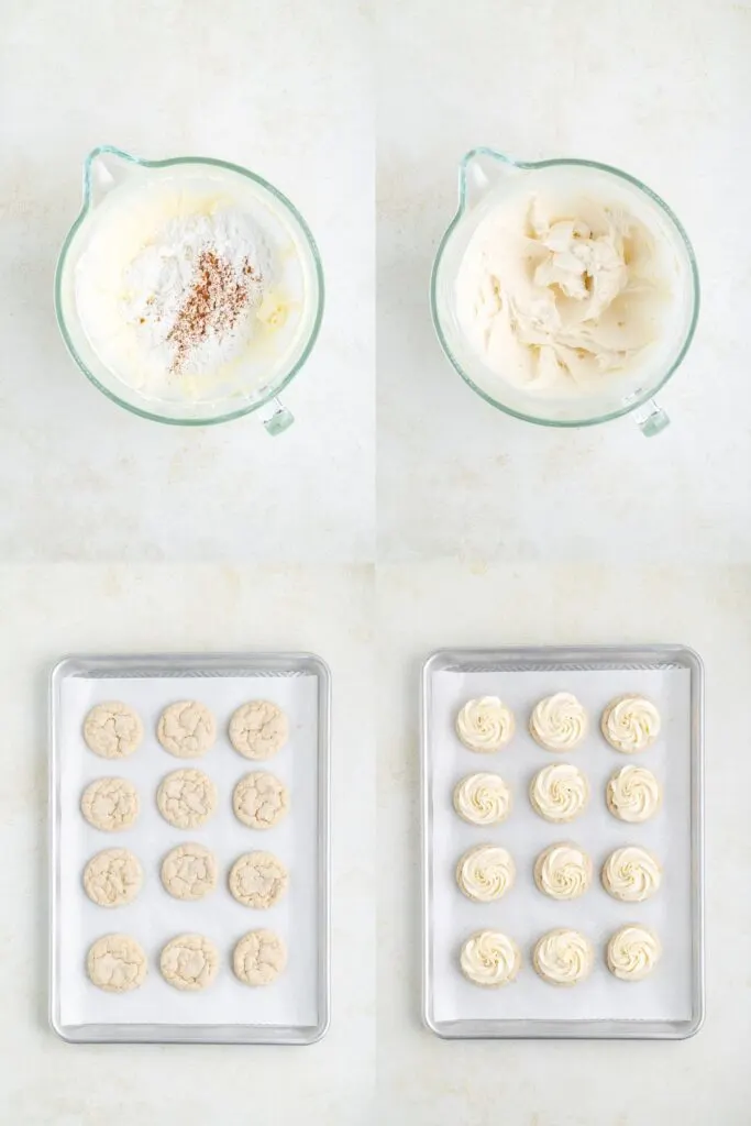 Collage showing two steps to make the buttercream and two steps to frost the cookies.