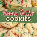 Close-up of stacked gooey butter cookies with red and green sprinkles, "Gooey Butter Cookies" text overlay.