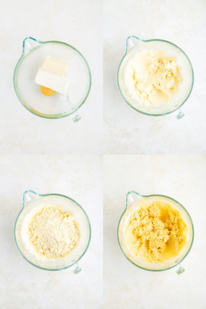 Collage showing four steps to mix the base cookie dough.