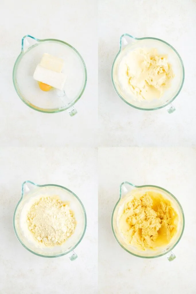 Collage showing four steps to mix the base cookie dough.