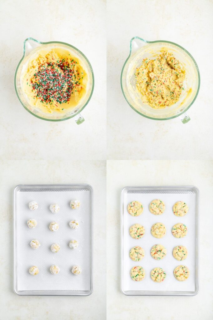 Collage showing two steps to add the sprinkles to the dough and two steps to roll and bake the cookies.