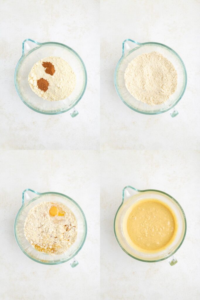 Collage showing four steps to make the cake batter in a mixing bowl.