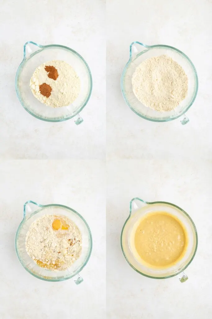 Collage showing four steps to make the cake batter in a mixing bowl.