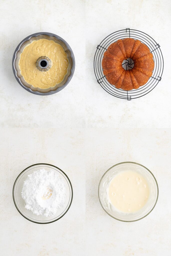 Collage showing the cake batter in the pan, the baked cake on a cooling rack and the eggnog glaze in a small bowl.