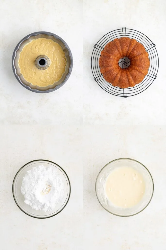 Collage showing the cake batter in the pan, the baked cake on a cooling rack and the eggnog glaze in a small bowl.