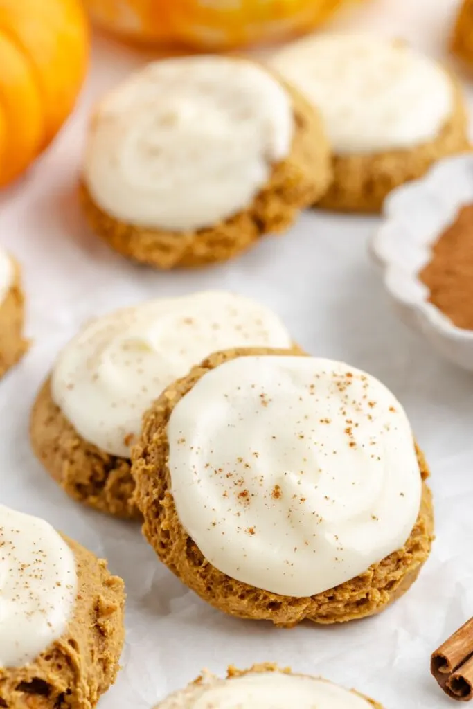 Spice cake mix pumpkin cookies with cream cheese frosting.