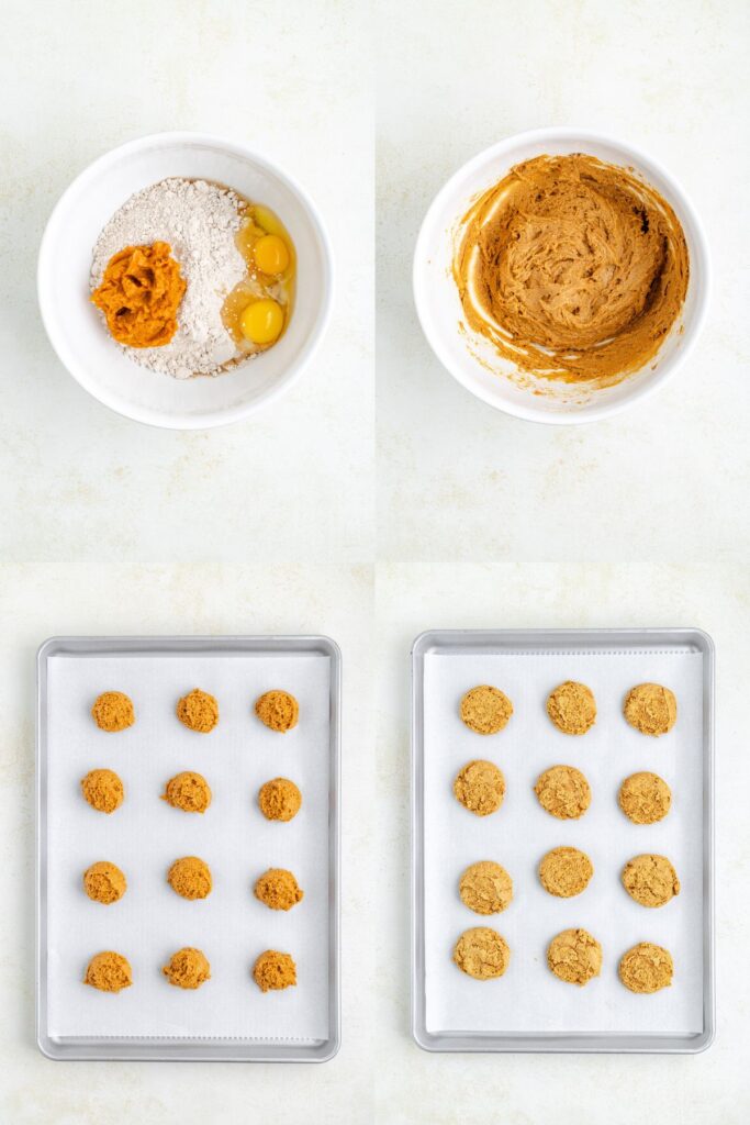 Collage showing four steps to make, scoop, and bake the pumpkin cookie dough.