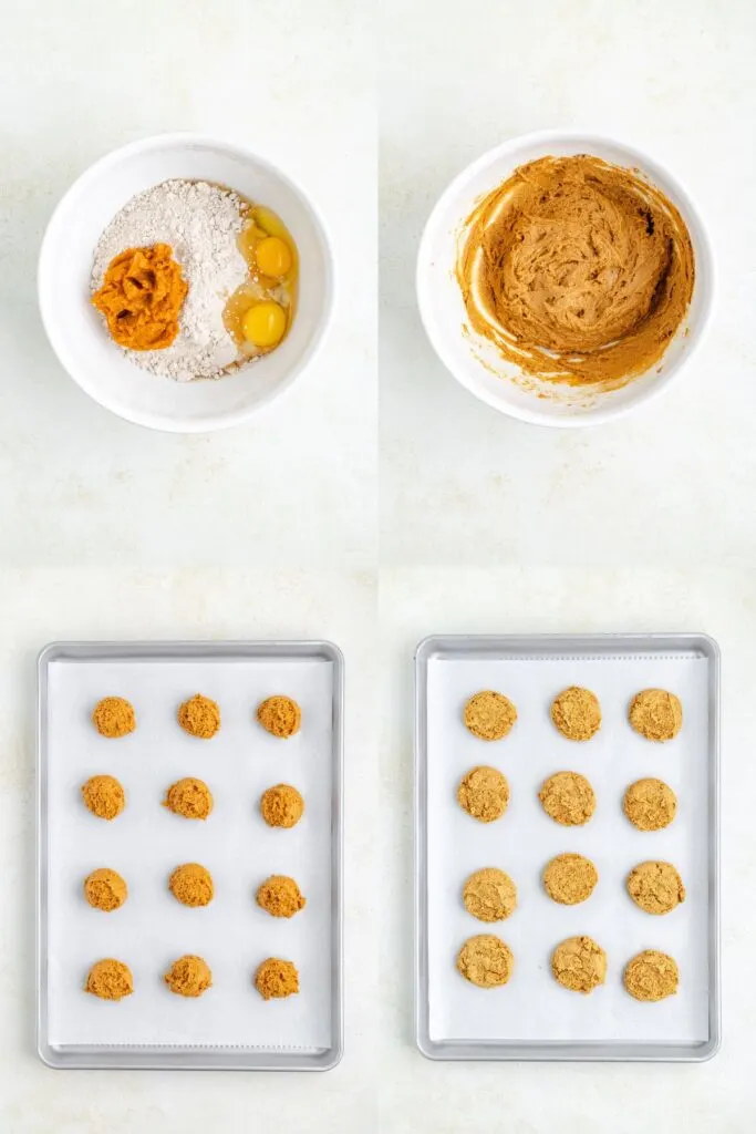 Collage showing four steps to make, scoop, and bake the pumpkin cookie dough.