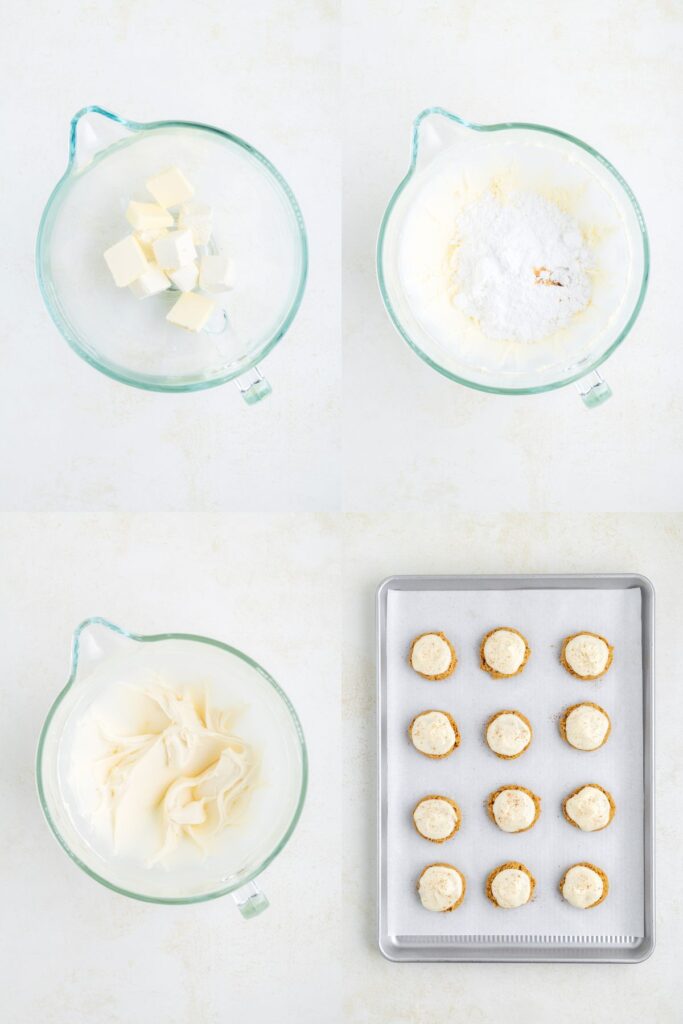 Collage showing four steps to make the cream cheese frosting and frost the cookies.