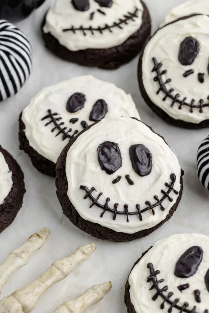 Jack Skellington cookies with white chocolate frosted.