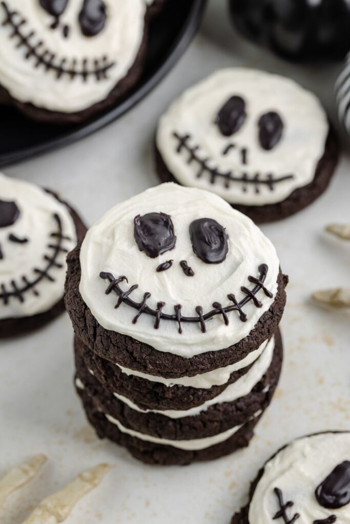 Stack of Jack Skellington Halloween cookies.