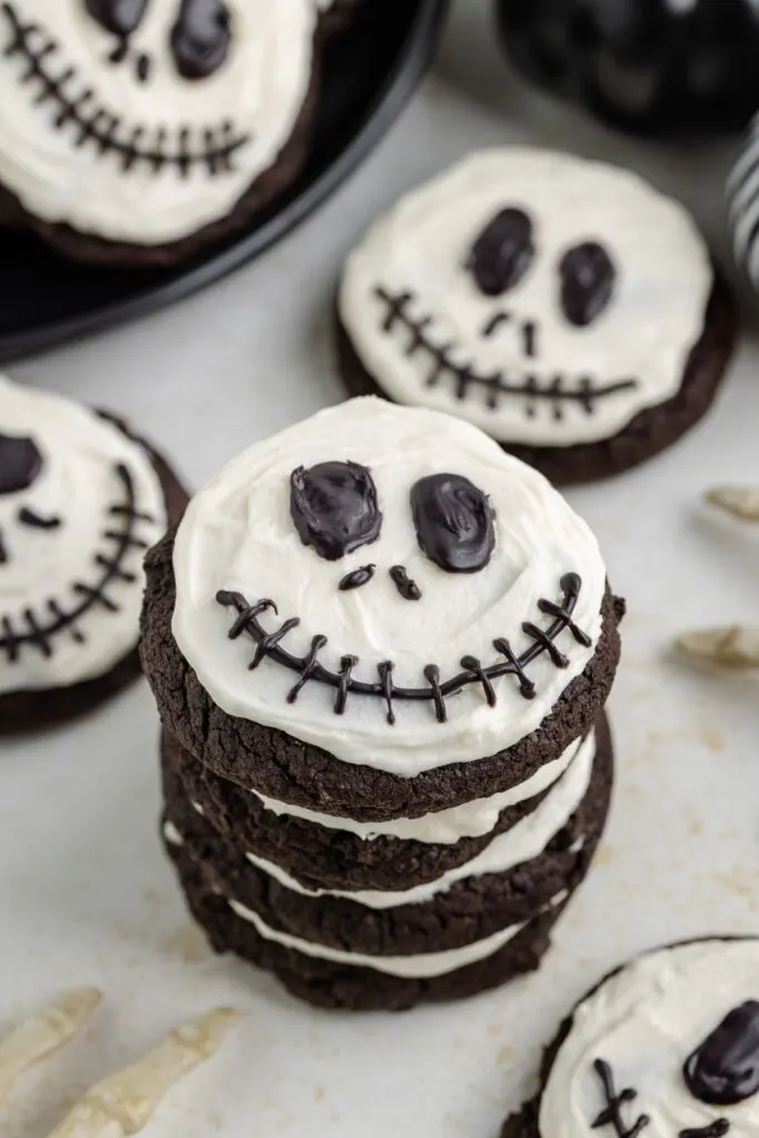 Stack of Jack Skellington Halloween cookies.