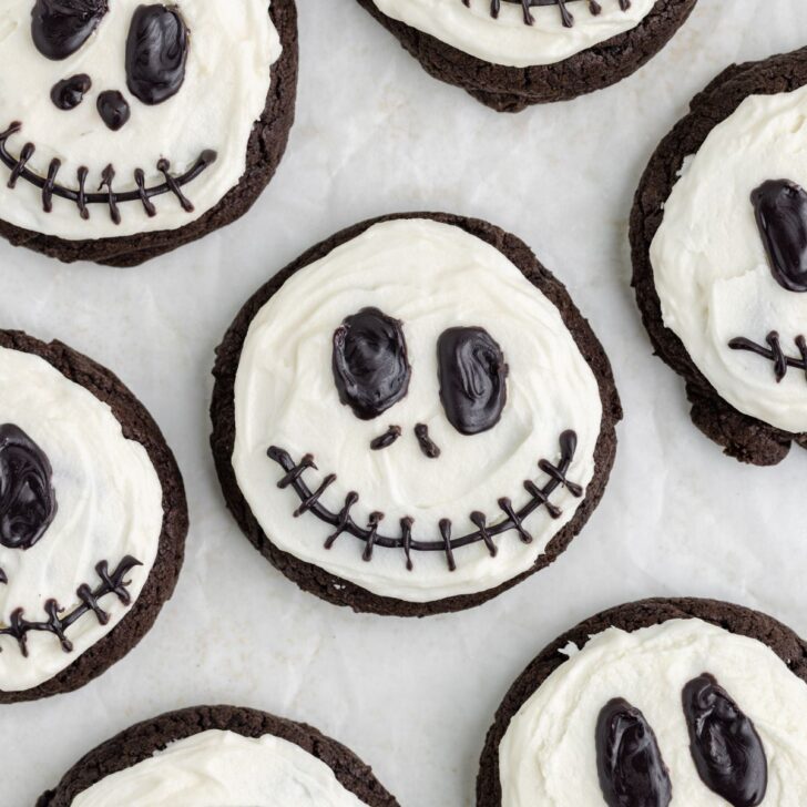 Jack Skellington cookies with white chocolate buttercream faces.