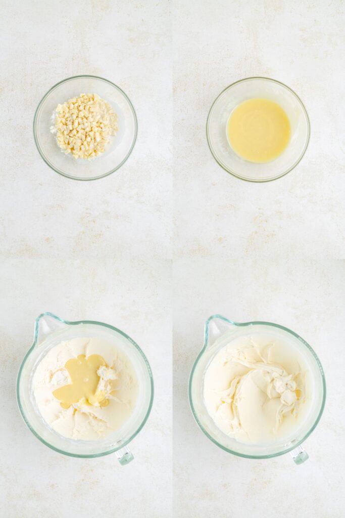 Collage showing four steps to make the white chocolate buttercream. 