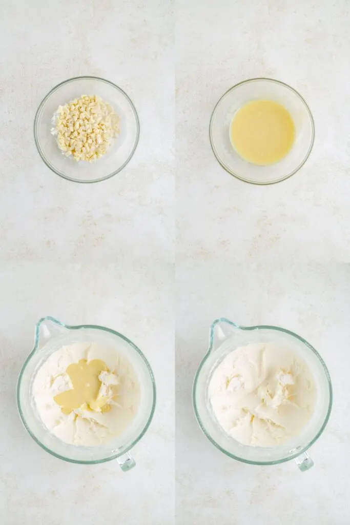 Collage showing four steps to make the white chocolate buttercream. 