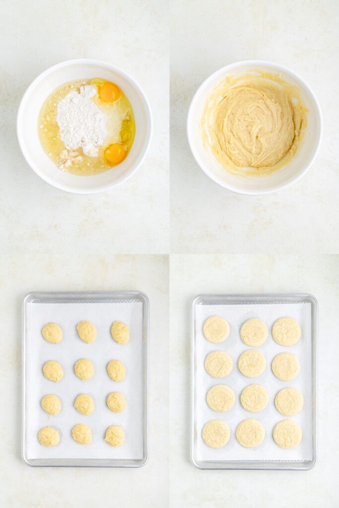 Collage showing four steps to make the cake mix cookie dough.