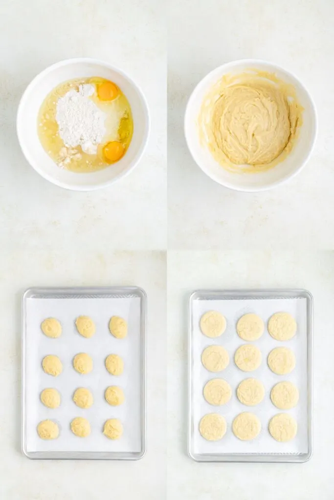 Collage showing four steps to make the cake mix cookie dough.