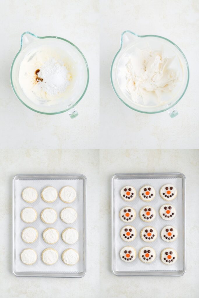 Collage showing two steps to make the buttercream and two steps to decorate the cookies.