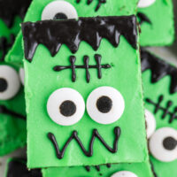 Chocolate cake mix cookie bars decorated with Frankenstein face.