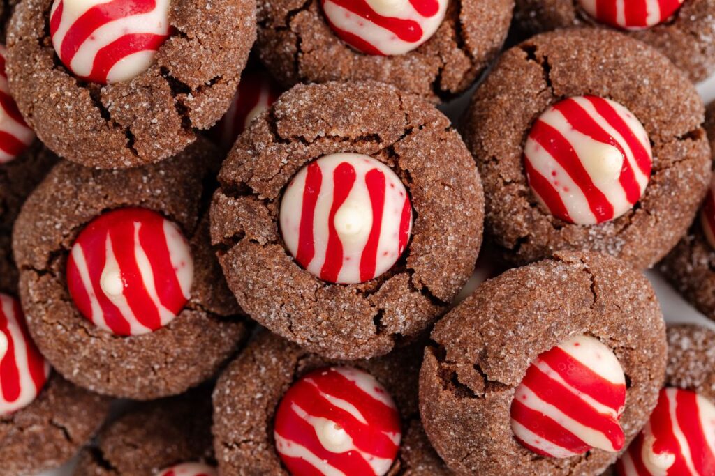 Close-up of Chocolate Peppermint Kiss Cookies, topped with white and red striped candy cane kisses. The cookies are covered in a layer of sugar, creating a festive appearance. They are arranged in a pile, highlighting their decorative toppings.