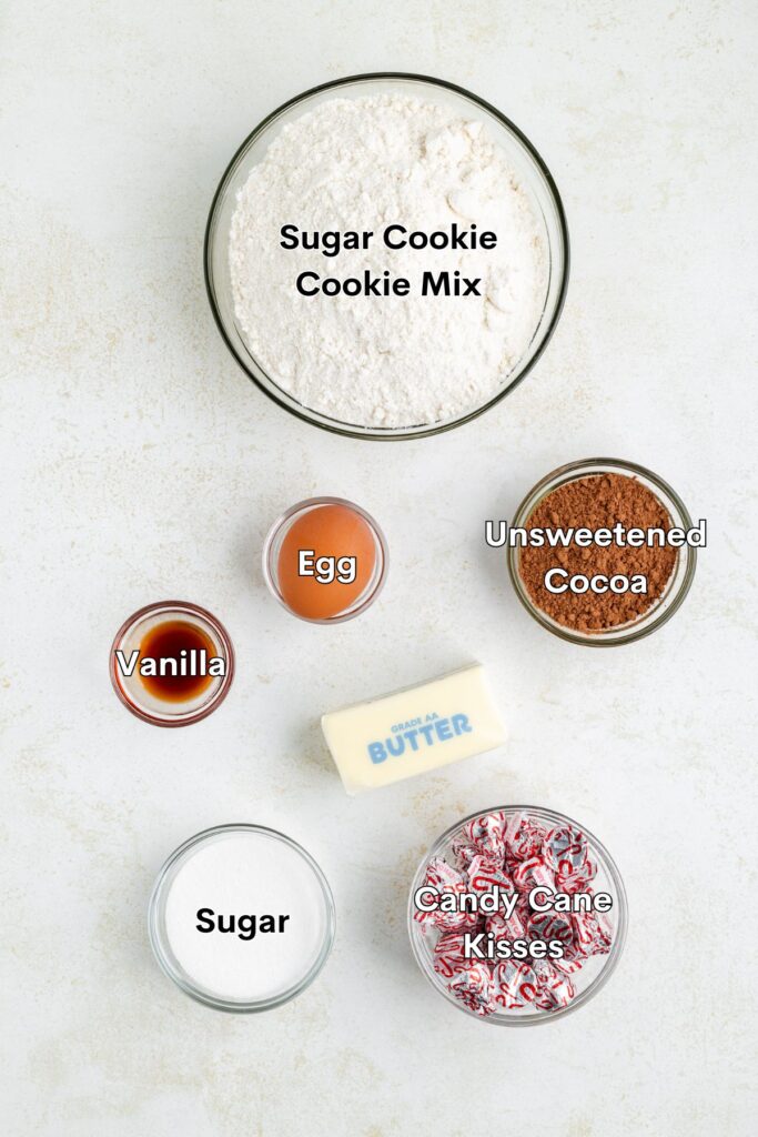 Top-down view of sugar cookie mix, egg, unsweetened cocoa, vanilla, sugar, butter, and crushed candy cane kisses on a light countertop. Each ingredient is labeled.