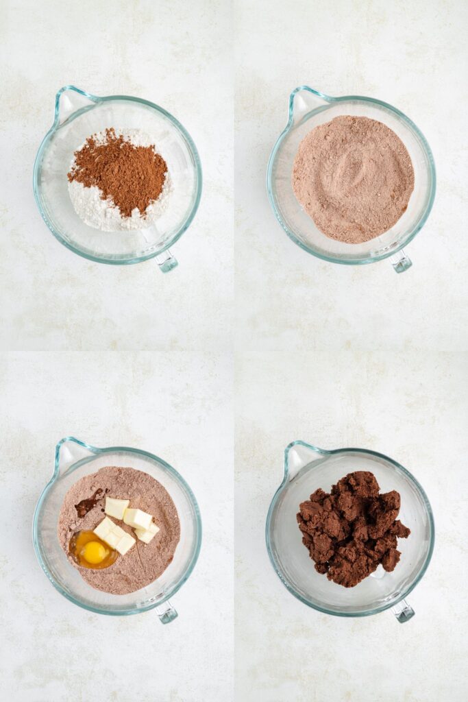 Four images show progressive steps of making chocolate dough: 1) dry ingredients in a bowl, 2) mixed dry ingredients, 3) egg and butter added, 4) all mixed into a chocolate dough.