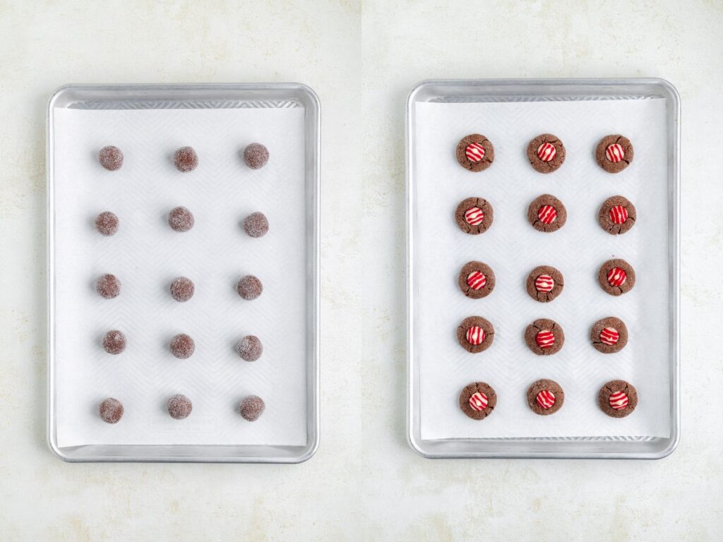 Two baking sheets lined with parchment paper. The left sheet has 16 round chocolate cookie dough balls. The right sheet shows the same cookies pressed with three red and white striped candy cane kiss candies on top of each.