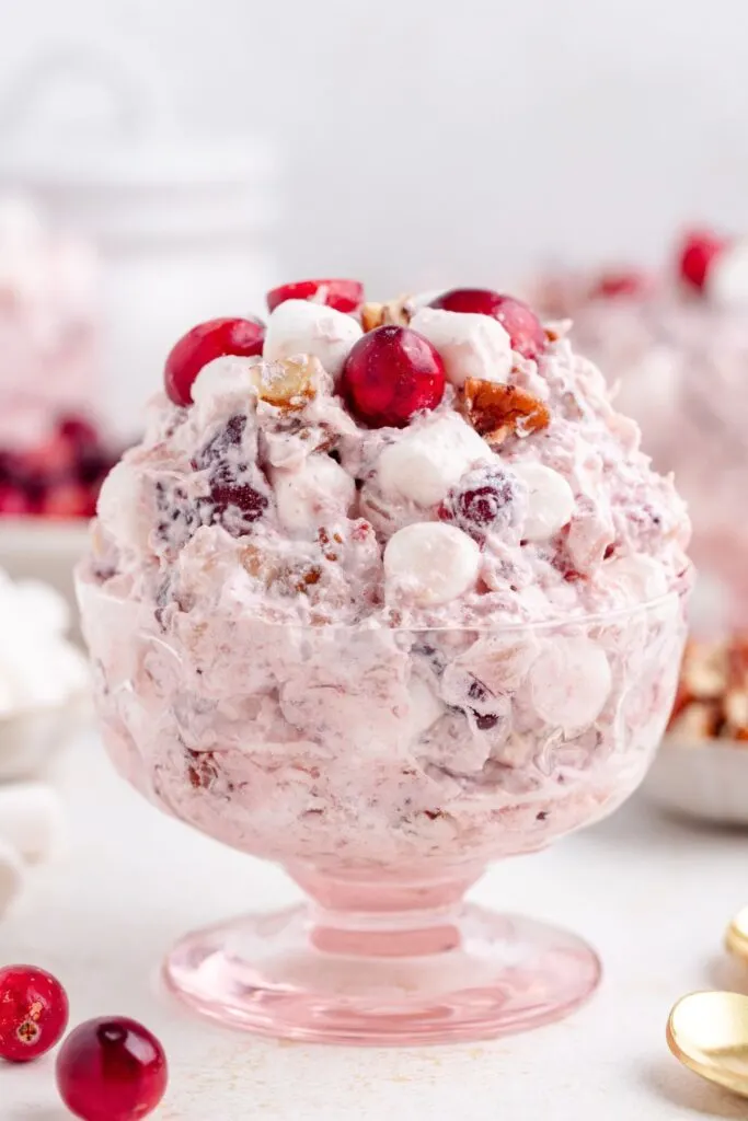 A glass bowl filled with a pink, fluffy cranberry salad dessert topped with marshmallows, pecans, and cranberries. The dessert has a creamy texture with visible fruit pieces. A similar dish and ingredients are blurred in the background.